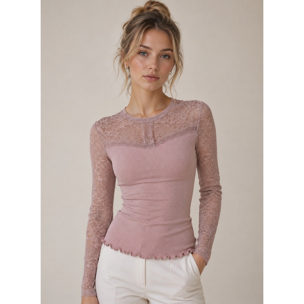 Rosemunde Copenhagen Lace Trim Ribbed Long Sleeve Top Blush Pink Medium